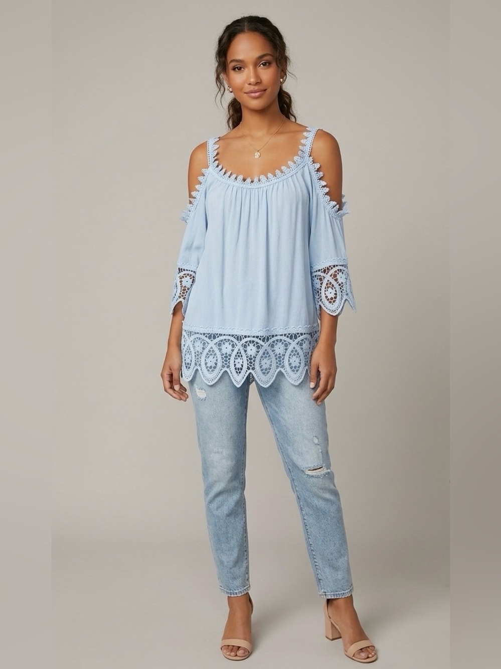 Bella Amore Italy Blue Cold-Shoulder Lace Crochet Boho Blouse